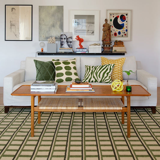 Green and Beige Geometric Handwoven Wool Rug