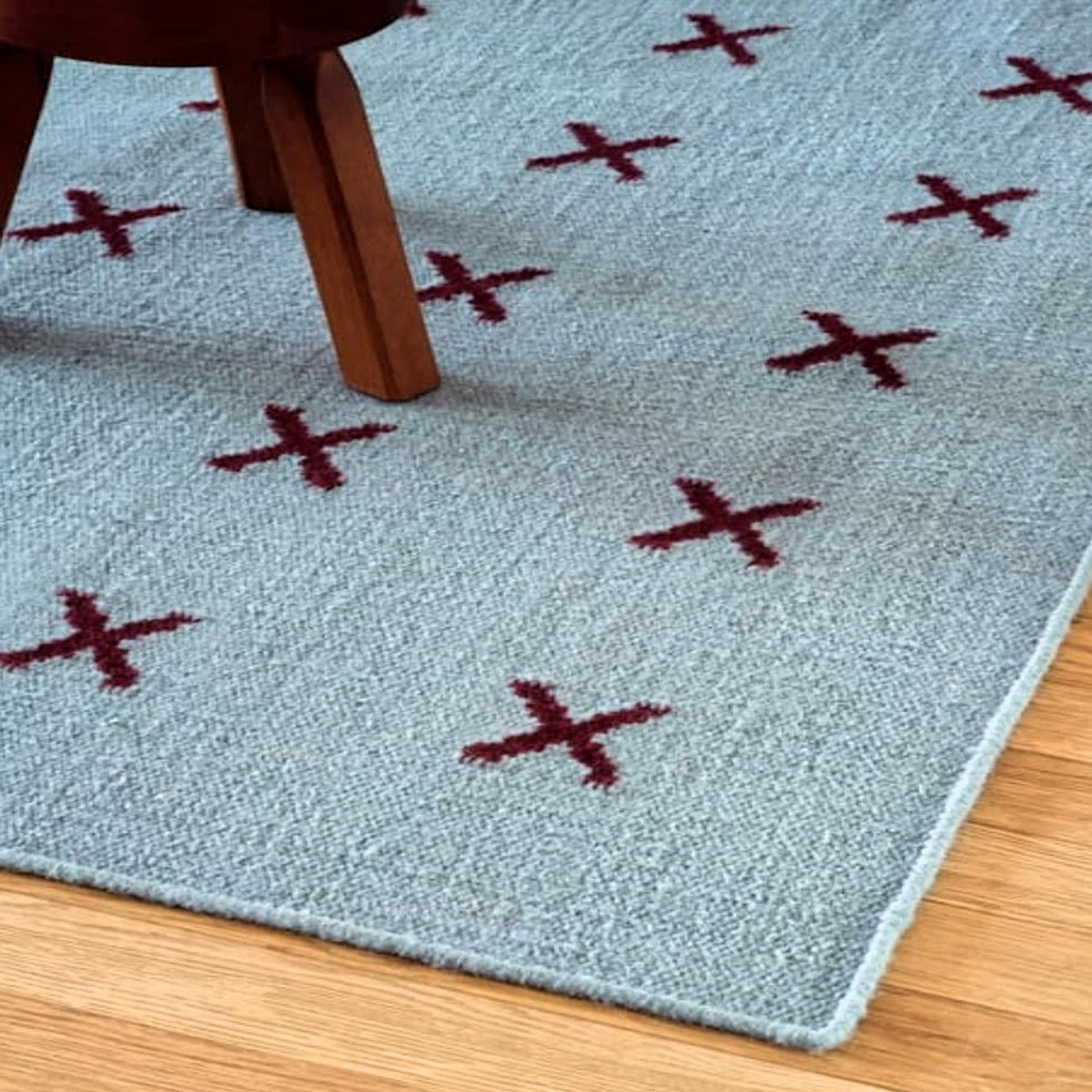 Blue Burgundy Cross Handwoven Nordic Design Wool Rug