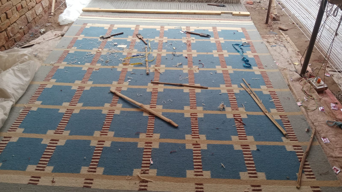 Blue Grey Beige Runner. Scandinavian Design Wool Handwoven Flat Weave