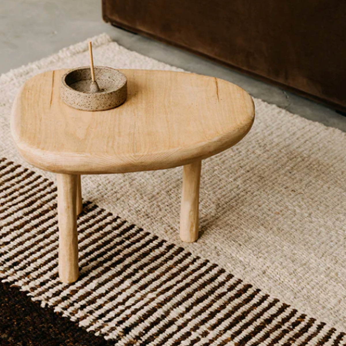 Bespoke Cream and Brown Handspun Wool Minimalist Design Flat Weave Area Rug. Cutom Sizes