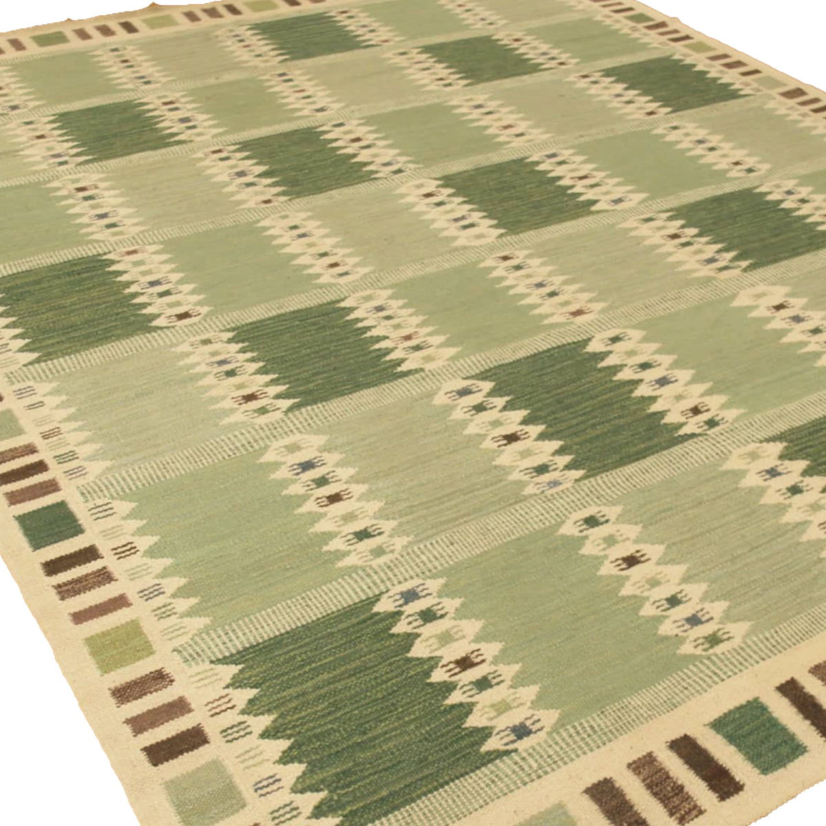 Handmade Scandinavian Design Geometric Grid Pattern Green & Beige Flatweave Area Rug