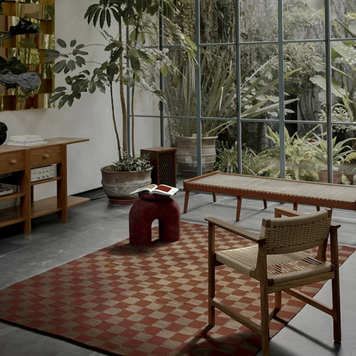 Tapis moderne géométrique pour salon, design scandinave, olive, rouille et rose