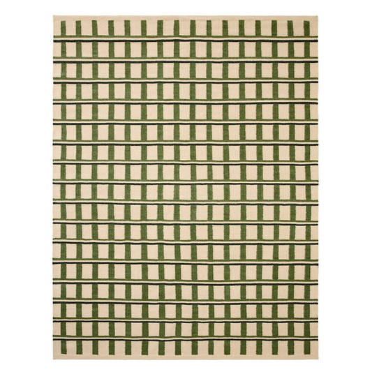Green and Beige Geometric Handwoven Wool Rug