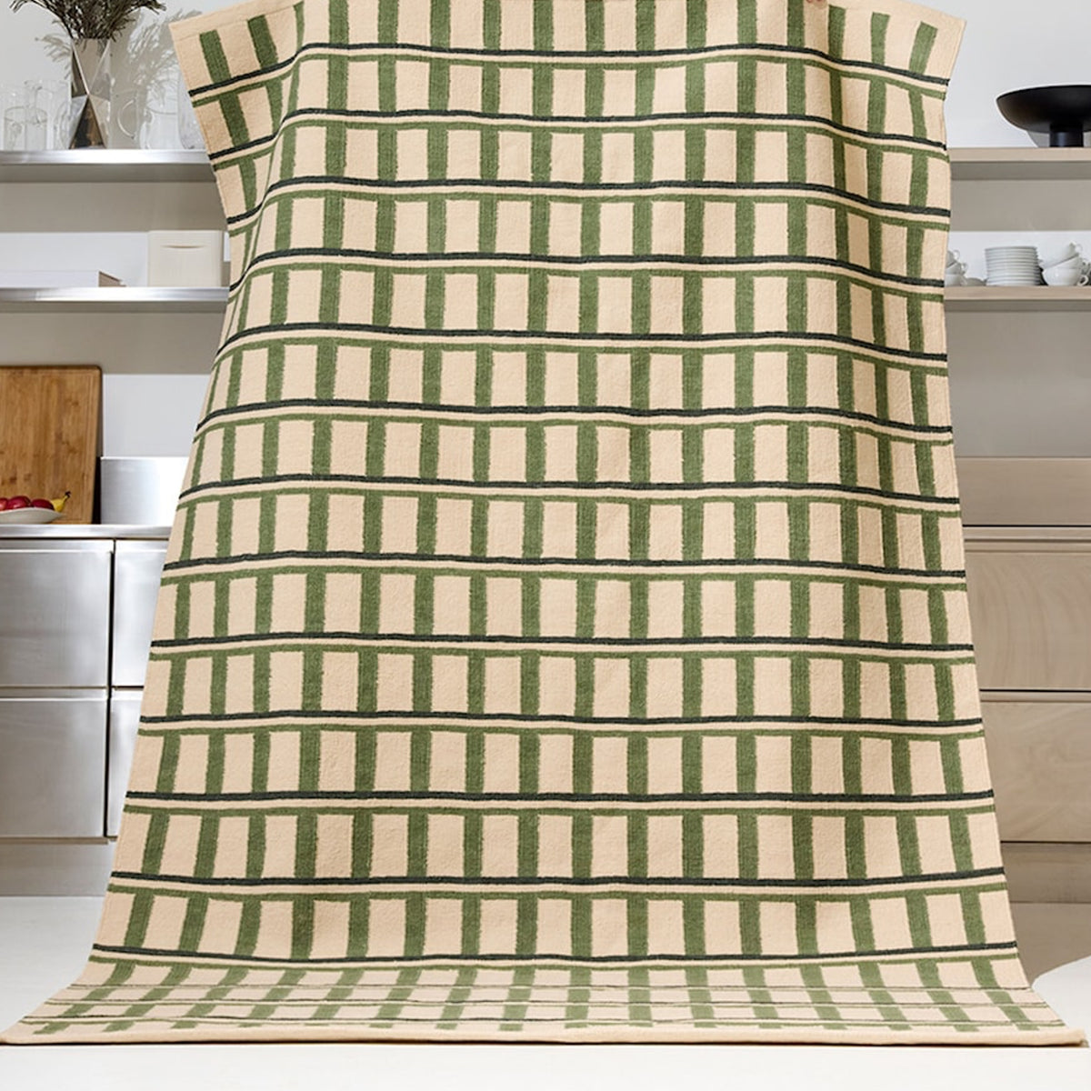 Green and Beige Geometric Handwoven Wool Rug