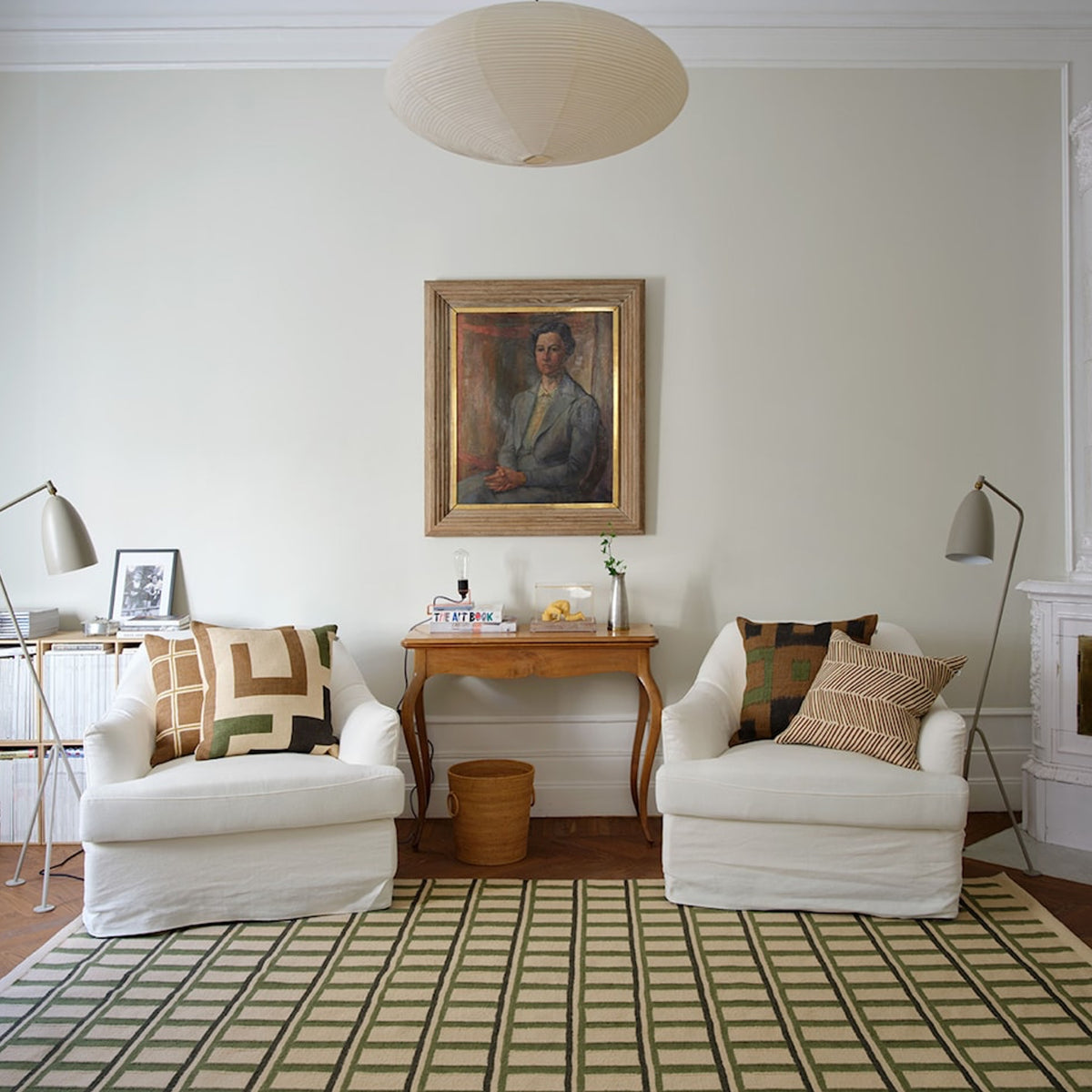 Green and Beige Geometric Handwoven Wool Rug
