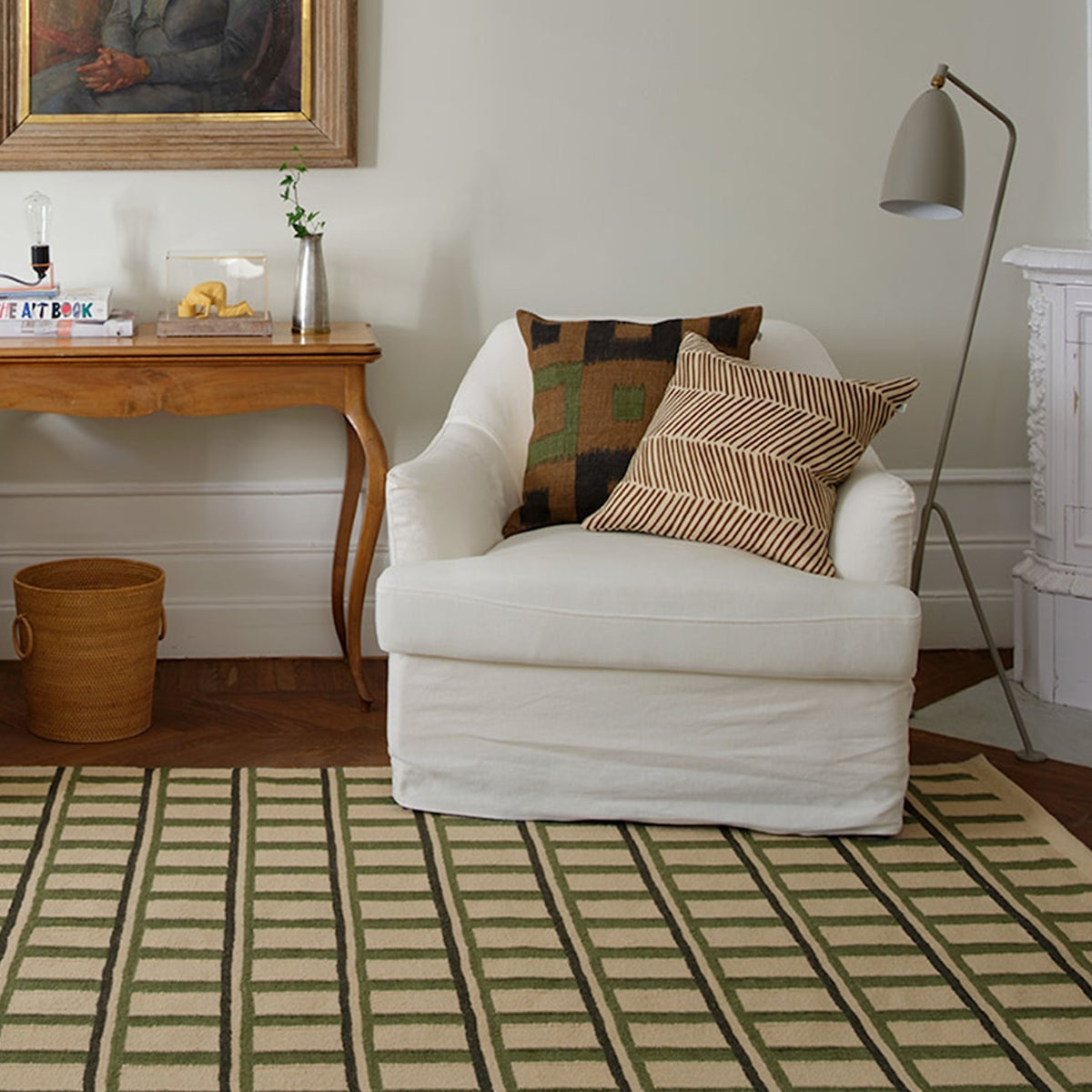 Green and Beige Geometric Handwoven Wool Rug