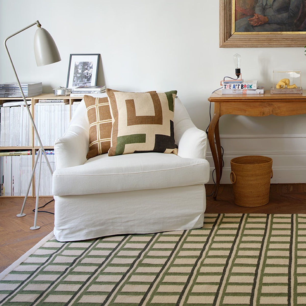 Green and Beige Geometric Handwoven Wool Rug