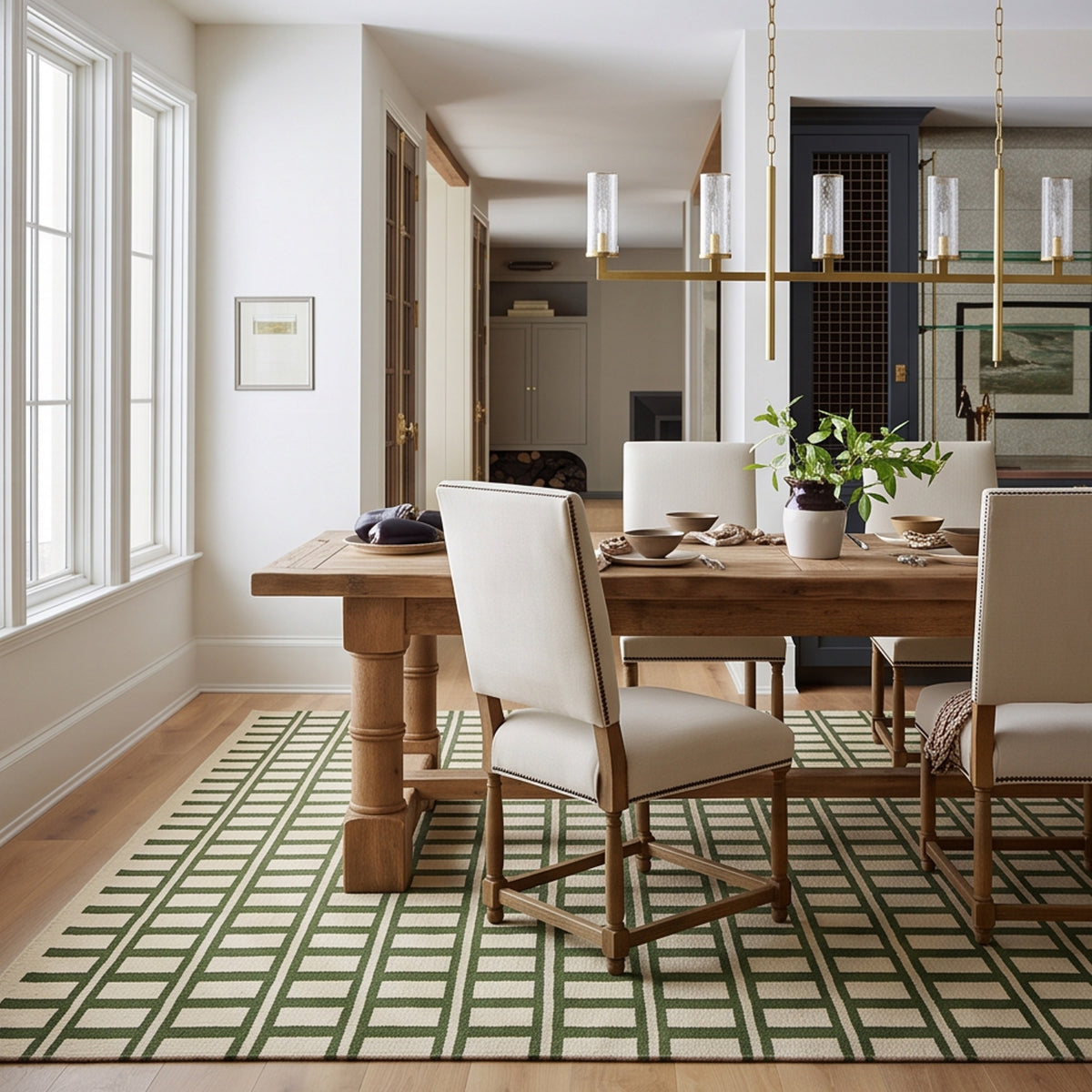 Green and Beige Geometric Handwoven Wool Rug