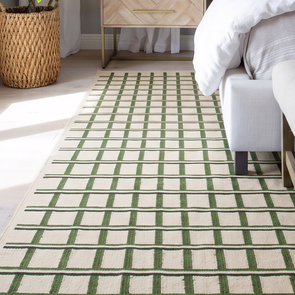 Green and Beige Geometric Handwoven Wool Rug