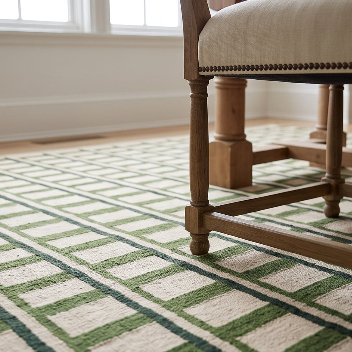 Green and Beige Geometric Handwoven Wool Rug