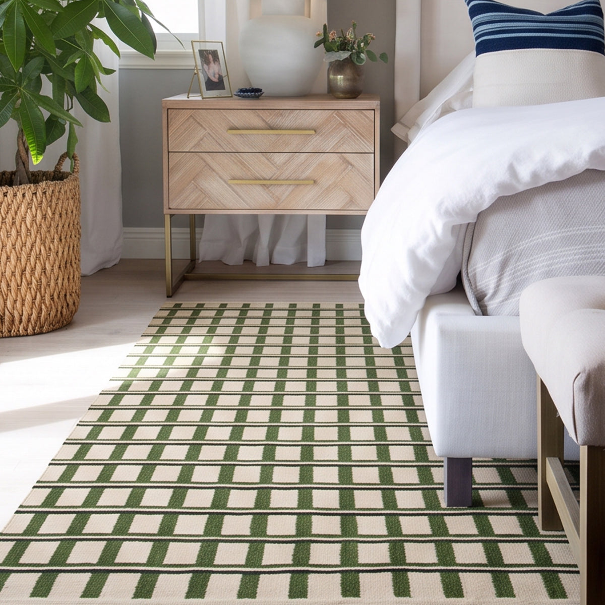 Green and Beige Geometric Handwoven Wool Rug