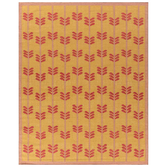 Handwoven Scandinavian Yellow, Pink and Red Wool Rug. Multicolor Abstract Geometric Design