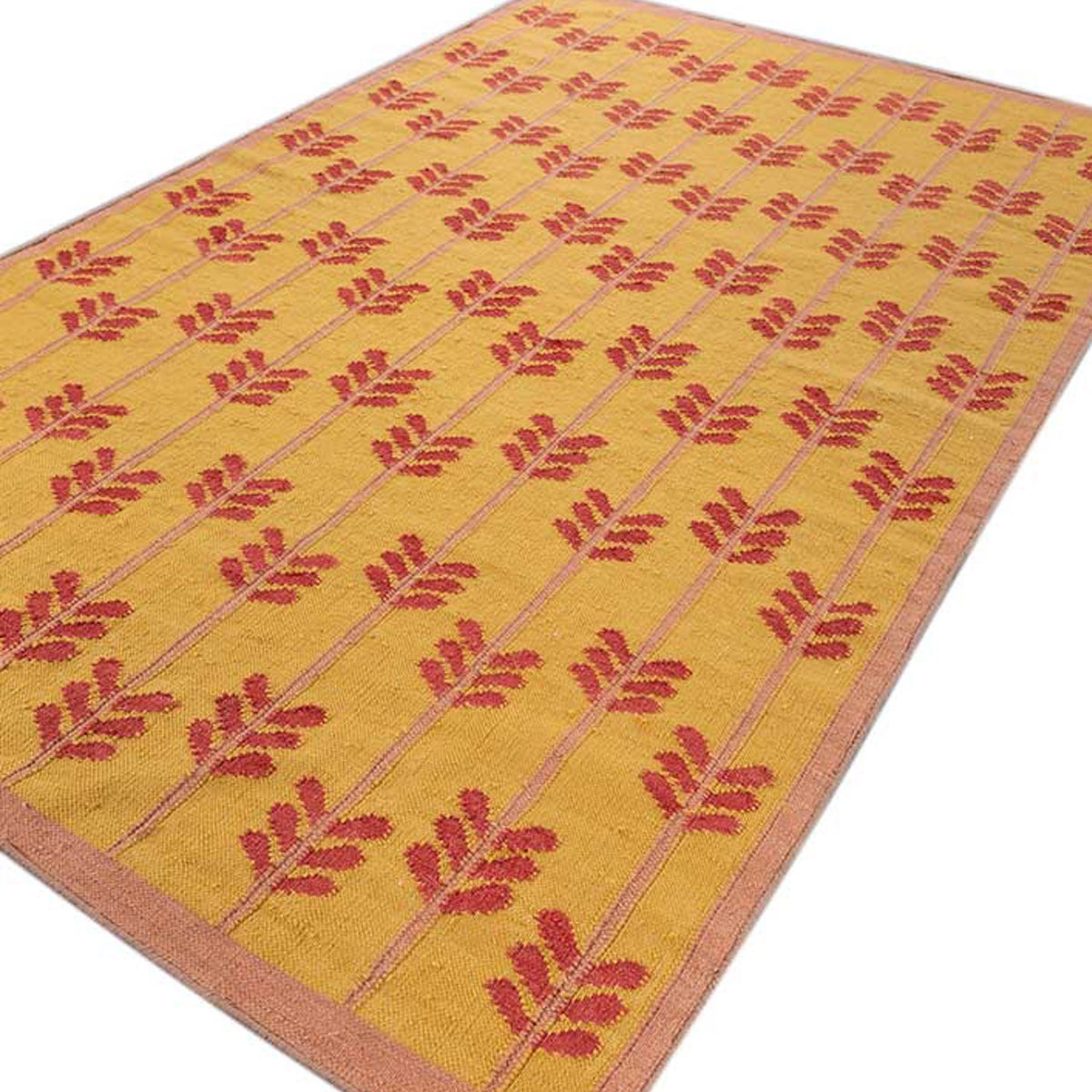 Handwoven Scandinavian Yellow, Pink and Red Wool Rug. Multicolor Abstract Geometric Design