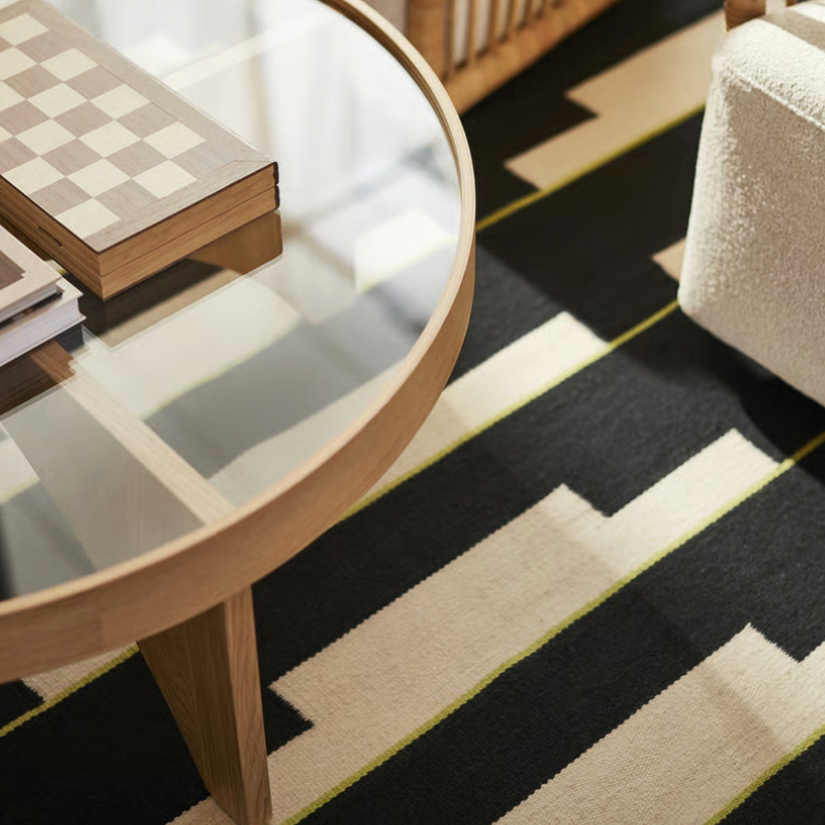 Black, Cream & Green Handwoven Scandinavian Design Wool Rug