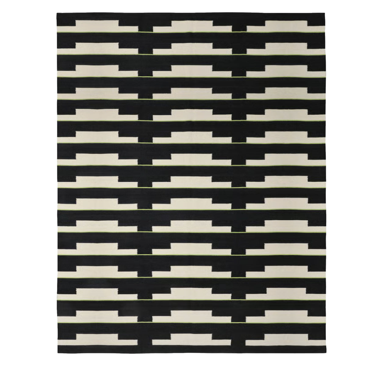 Black, Cream & Green Handwoven Scandinavian Design Wool Rug