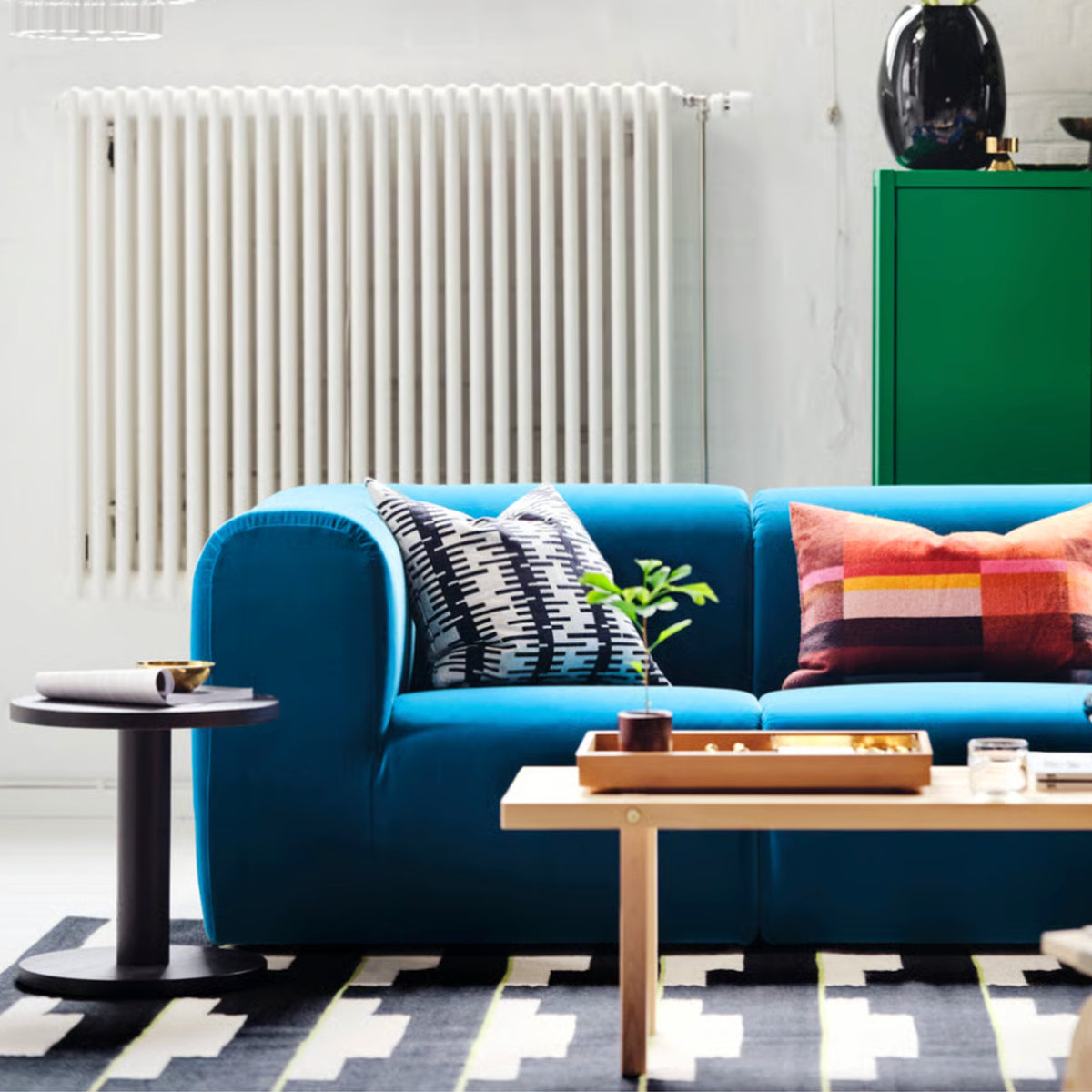 Black, Cream & Green Handwoven Scandinavian Design Wool Rug