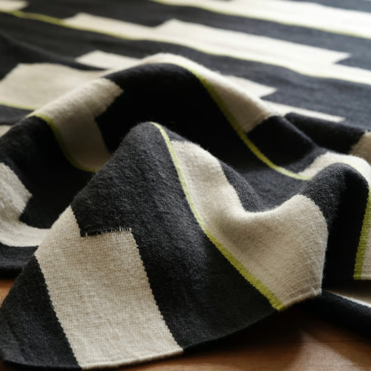Black, Cream & Green Handwoven Scandinavian Design Wool Rug