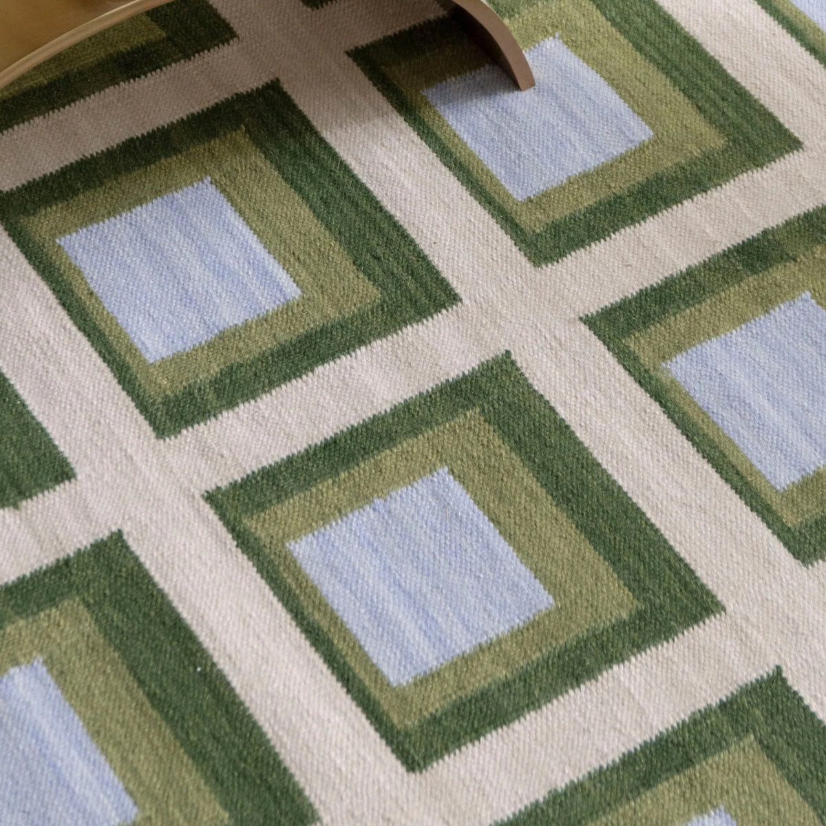 Bespoke Minimalist Green Blue Beige Handwoven Scandinavian Design Geometric Flat Weave Area Rug