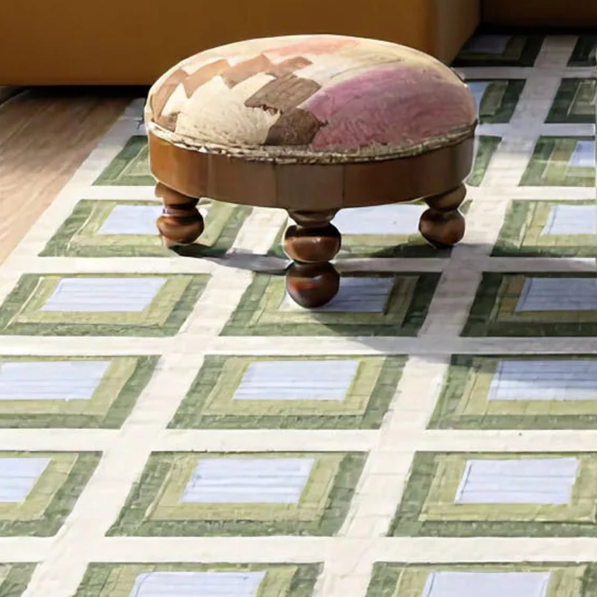 Bespoke Minimalist Green Blue Beige Handwoven Scandinavian Design Geometric Flat Weave Area Rug