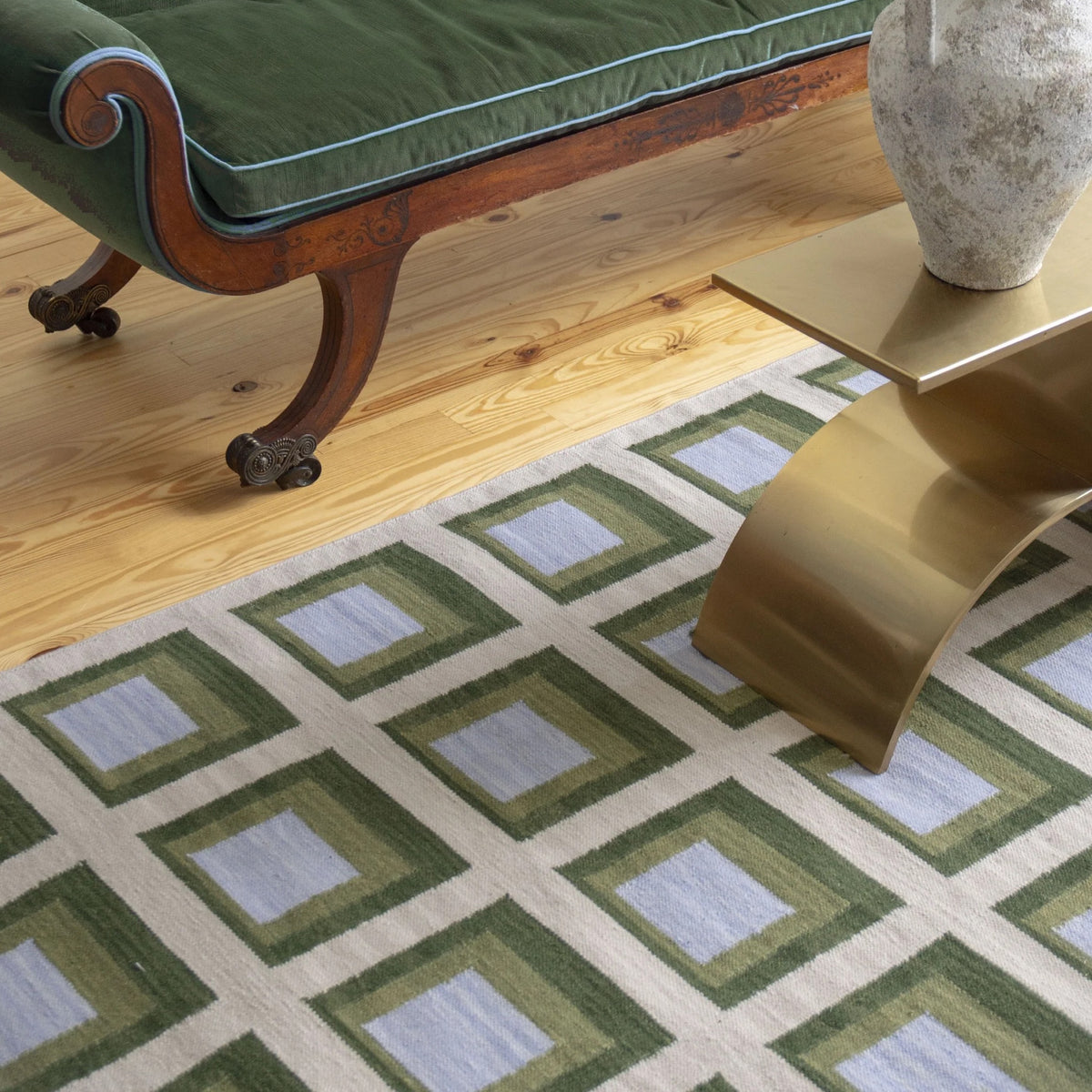 Bespoke Minimalist Green Blue Beige Handwoven Scandinavian Design Geometric Flat Weave Area Rug