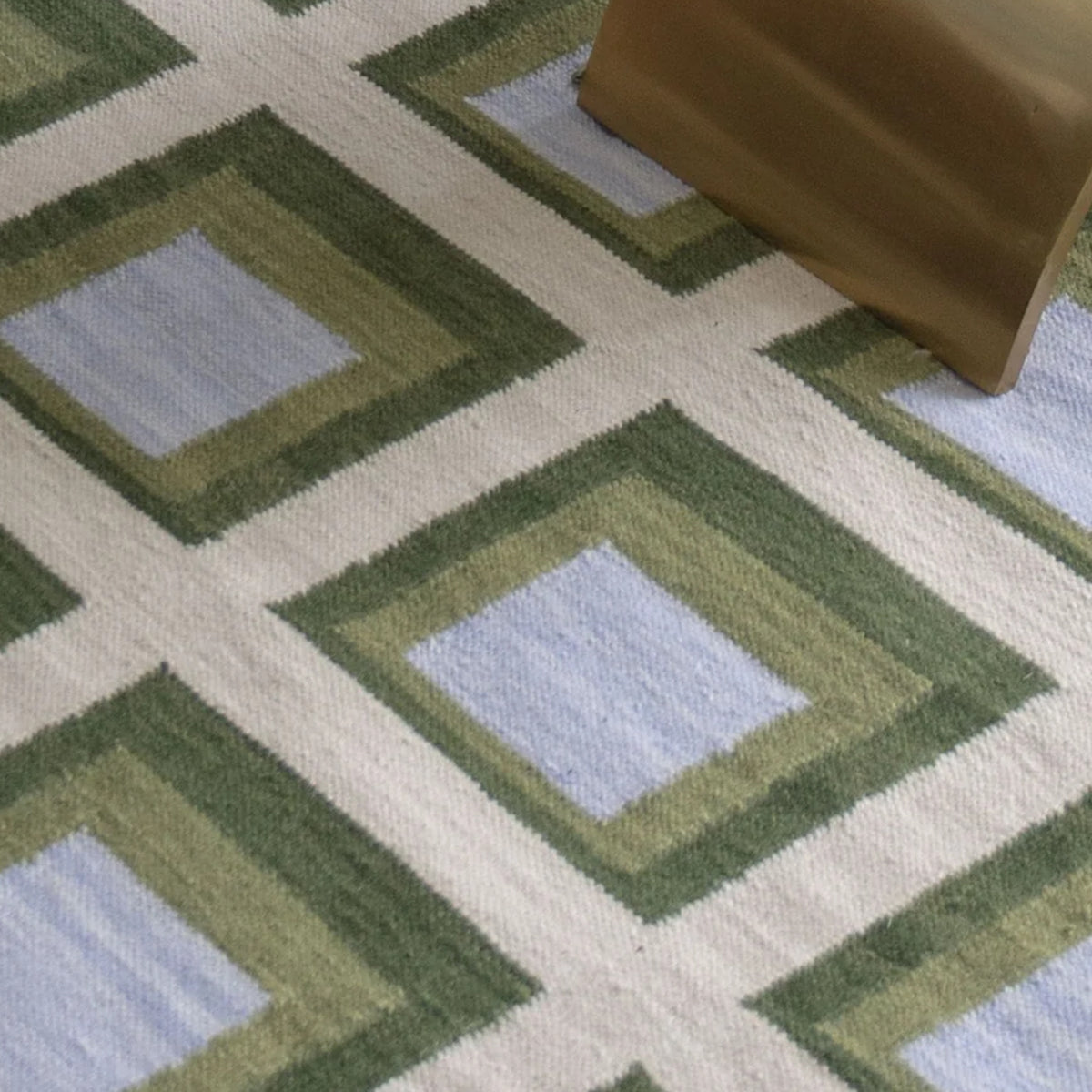 Bespoke Minimalist Green Blue Beige Handwoven Scandinavian Design Geometric Flat Weave Area Rug