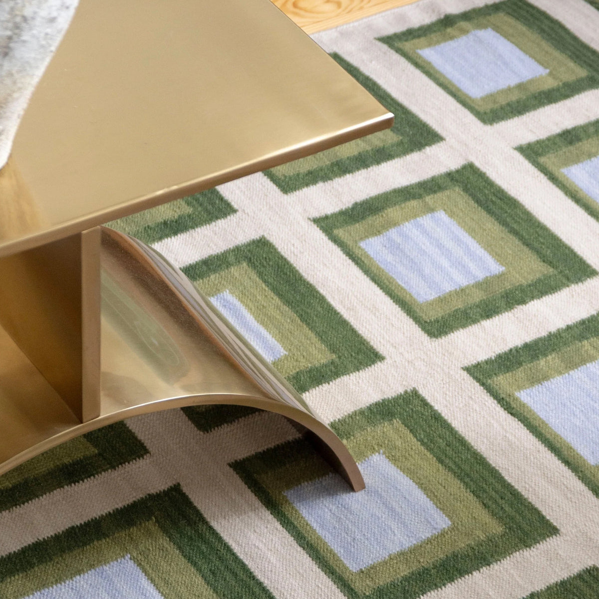 Bespoke Minimalist Green Blue Beige Handwoven Scandinavian Design Geometric Flat Weave Area Rug