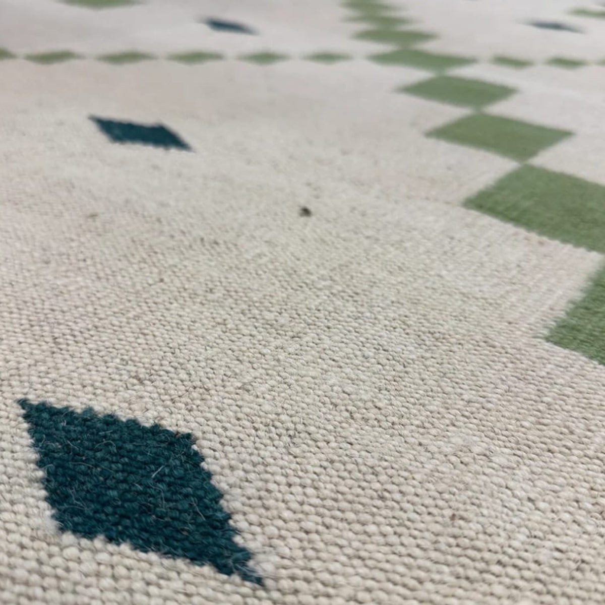Green Beige Geometric Handwoven Flatweave Wool Area Rug for Living Room Bedroom. Bespoke Sizes