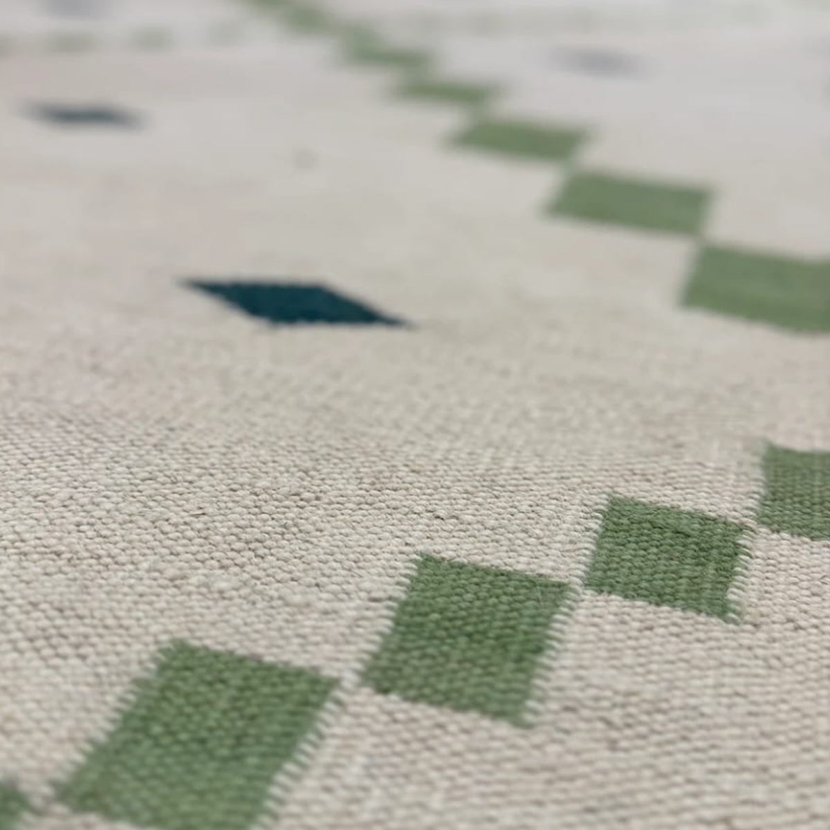 Green Beige Geometric Handwoven Flatweave Wool Area Rug for Living Room Bedroom. Bespoke Sizes