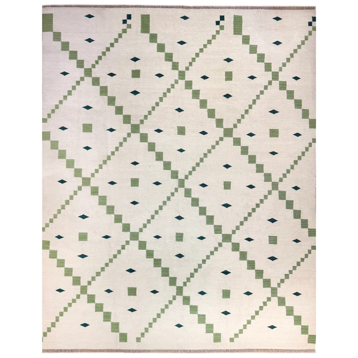 Green Beige Geometric Handwoven Flatweave Wool Area Rug for Living Room Bedroom. Bespoke Sizes