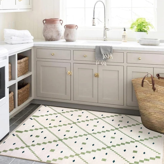 Green Beige Geometric Handwoven Flatweave Wool Area Rug for Living Room Bedroom. Bespoke Sizes