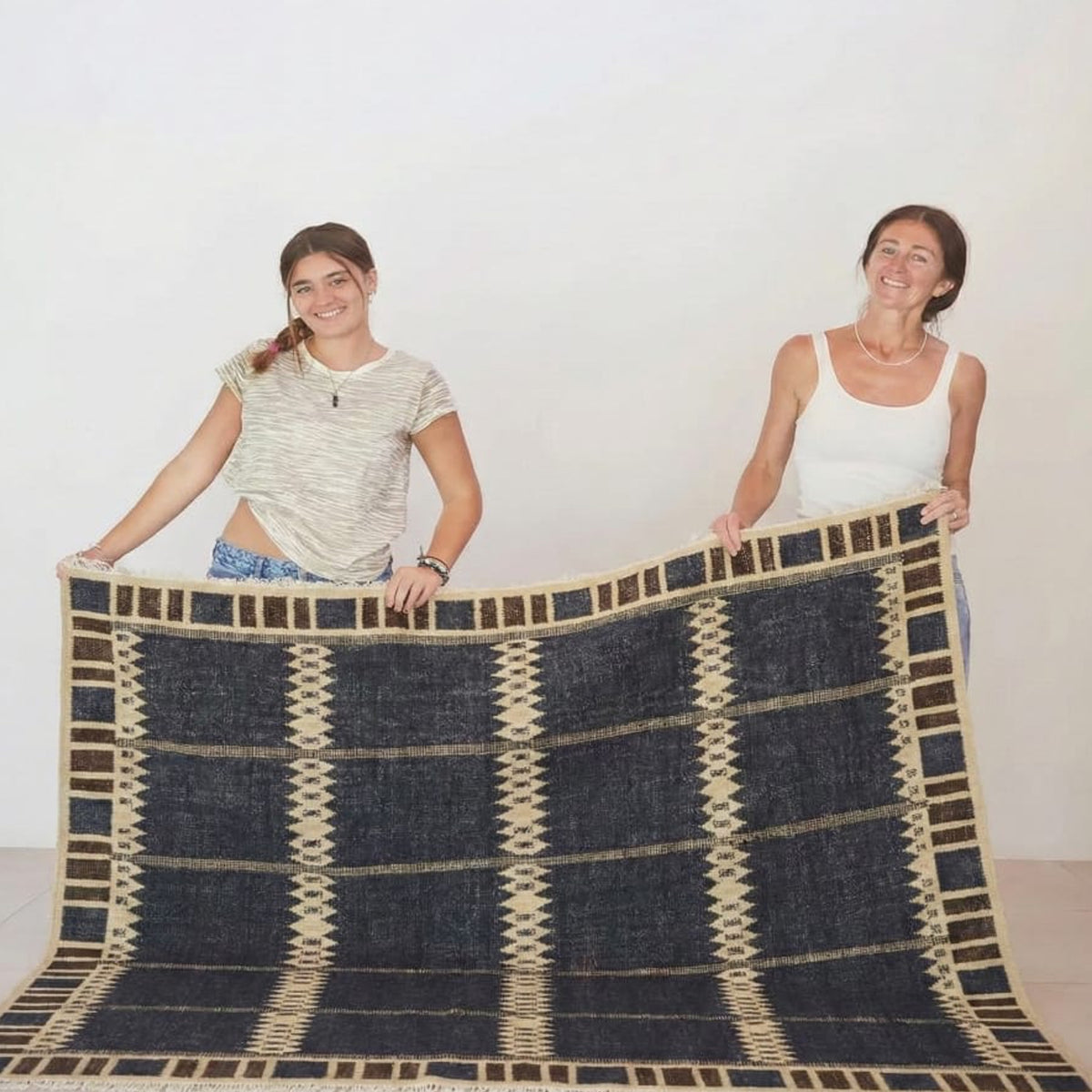 Aged Indigo-Blue and Beige Handwoven Wool Area Rug