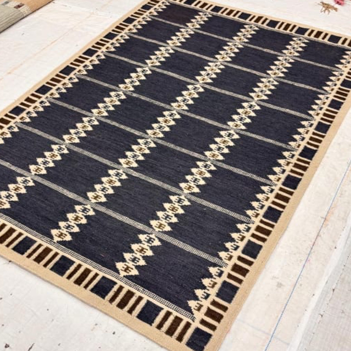 Aged Indigo-Blue and Beige Handwoven Wool Area Rug