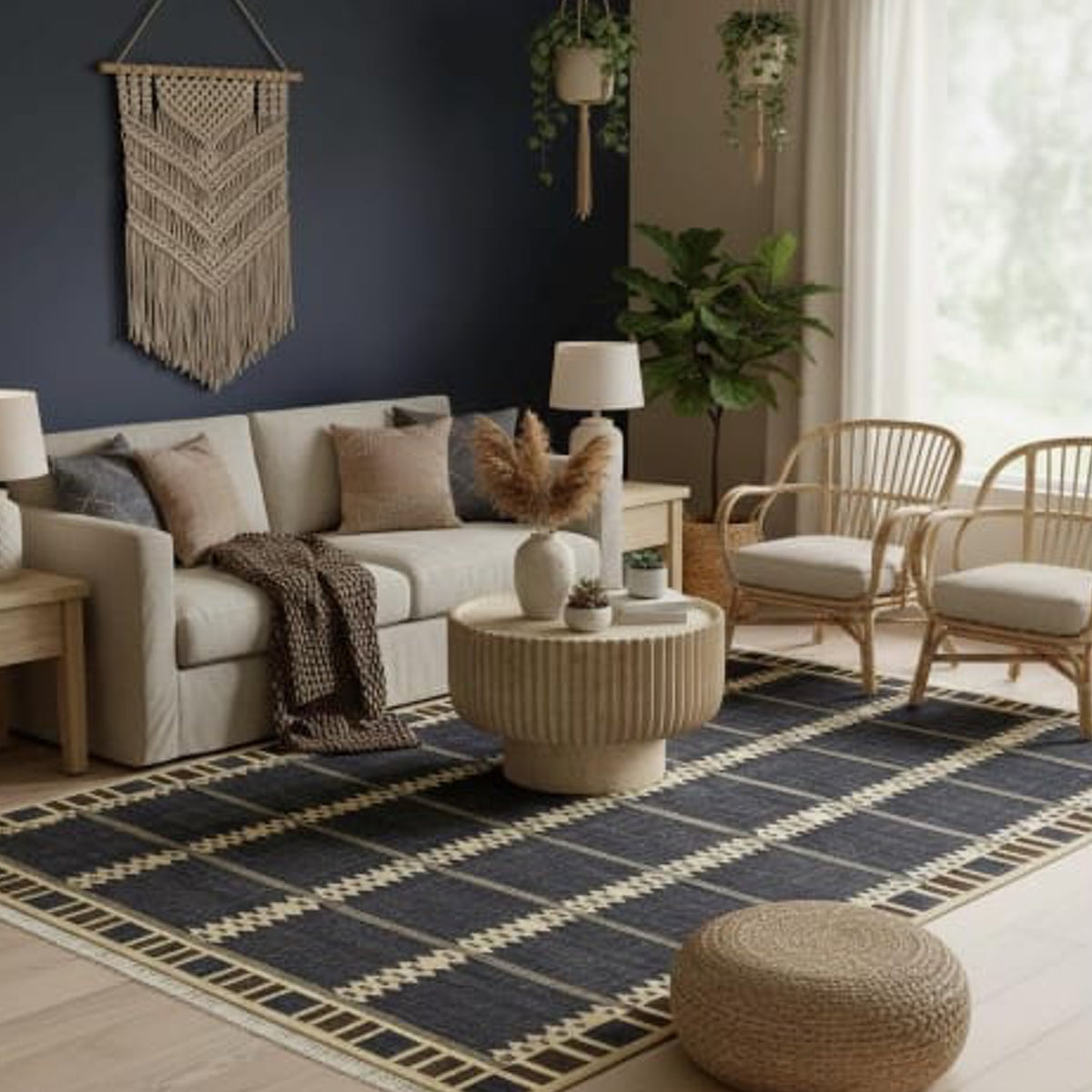 Aged Indigo-Blue and Beige Handwoven Wool Area Rug