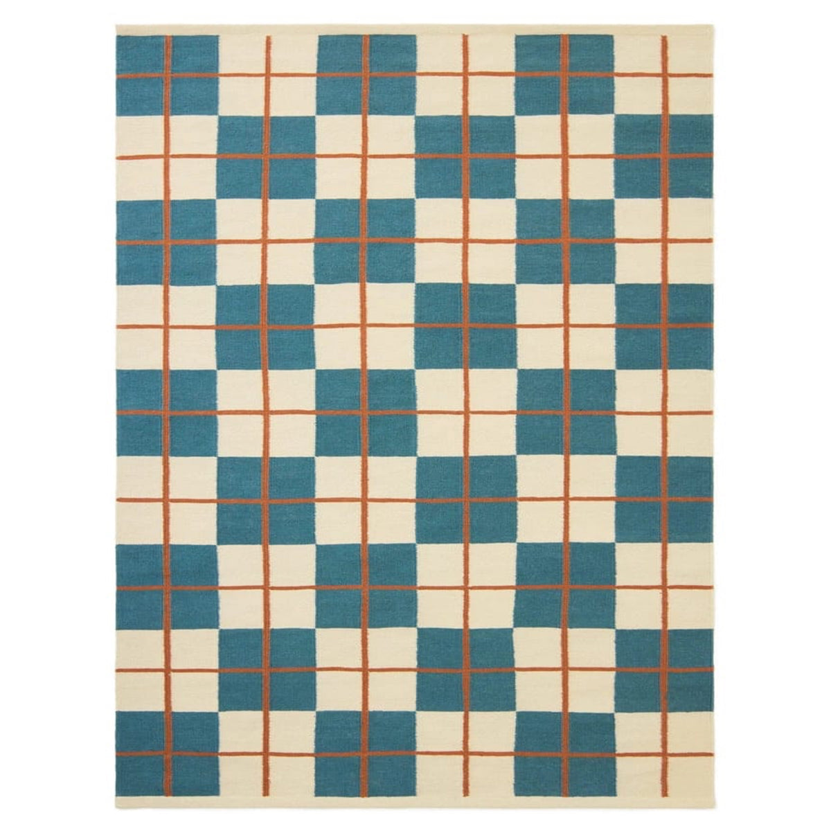 Teal Beige Rust Geometric Handwoven Scandinavian Design Wool Rug