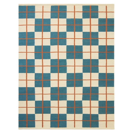 Teal Beige Rust Geometric Handwoven Scandinavian Design Wool Rug