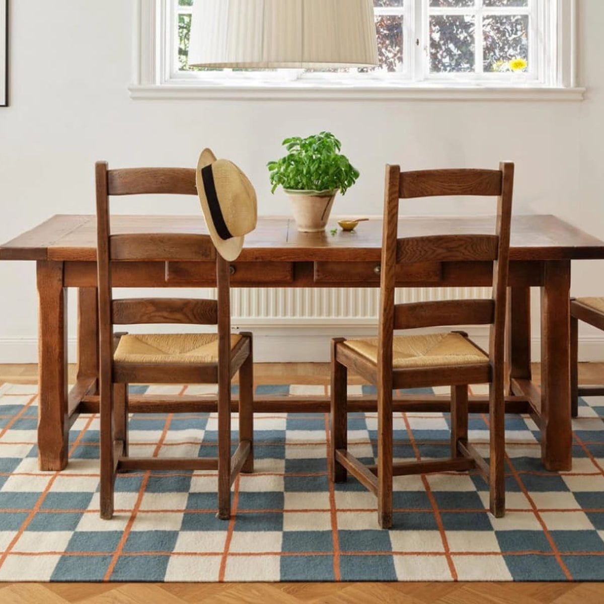 Teal, Beige and Rusty Orange Geometric Checkered Handwoven Wool Rug
