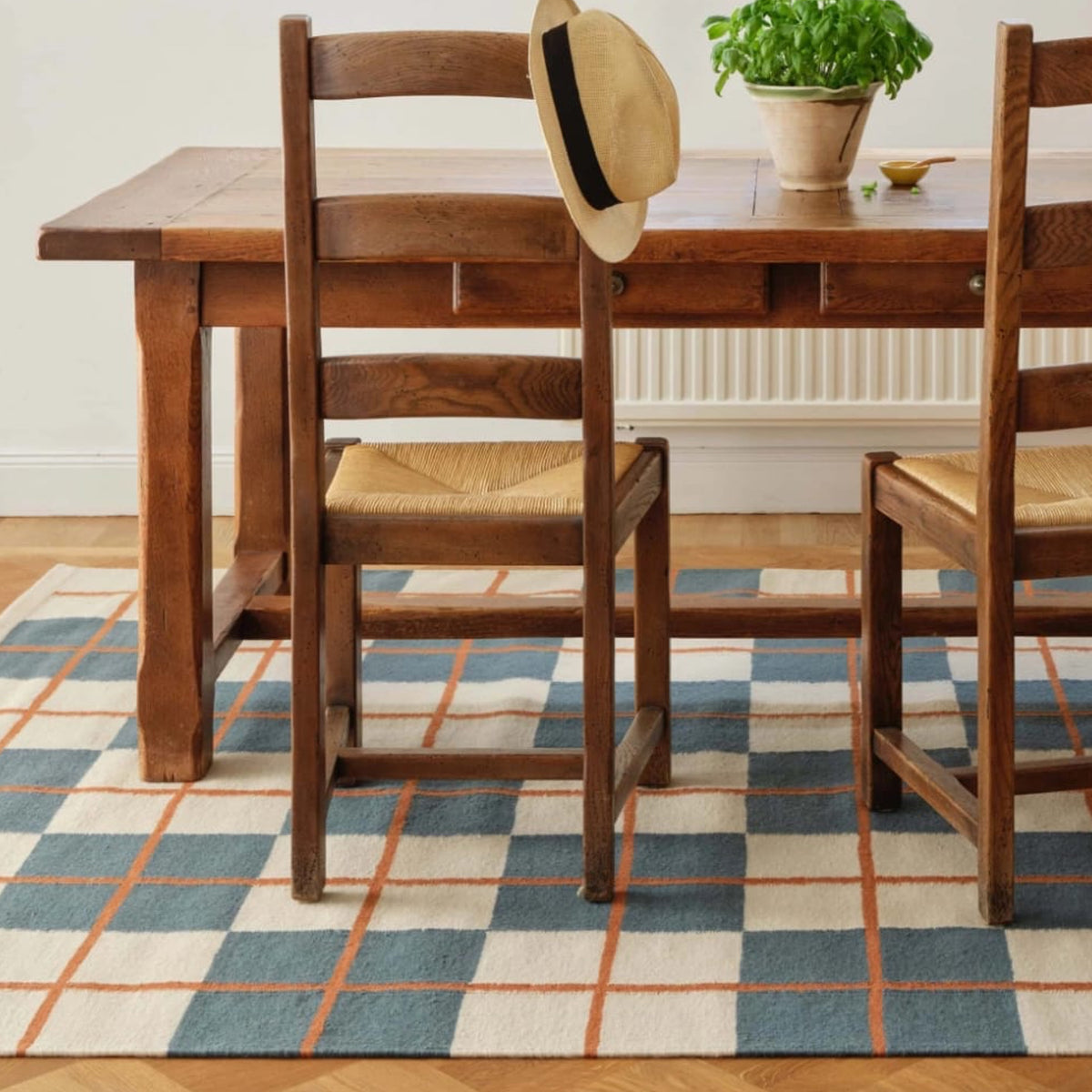 Teal Beige Rust Geometric Handwoven Scandinavian Design Wool Rug