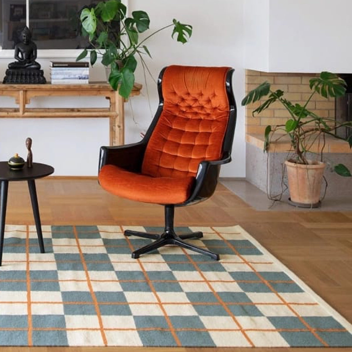 Teal Beige Rust Geometric Handwoven Scandinavian Design Wool Rug