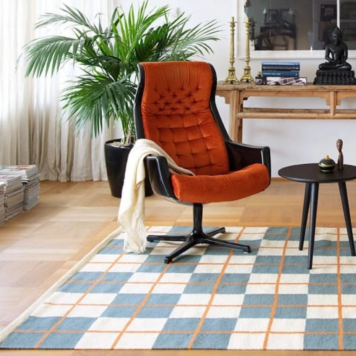 Teal, Beige and Rusty Orange Geometric Checkered Handwoven Wool Rug