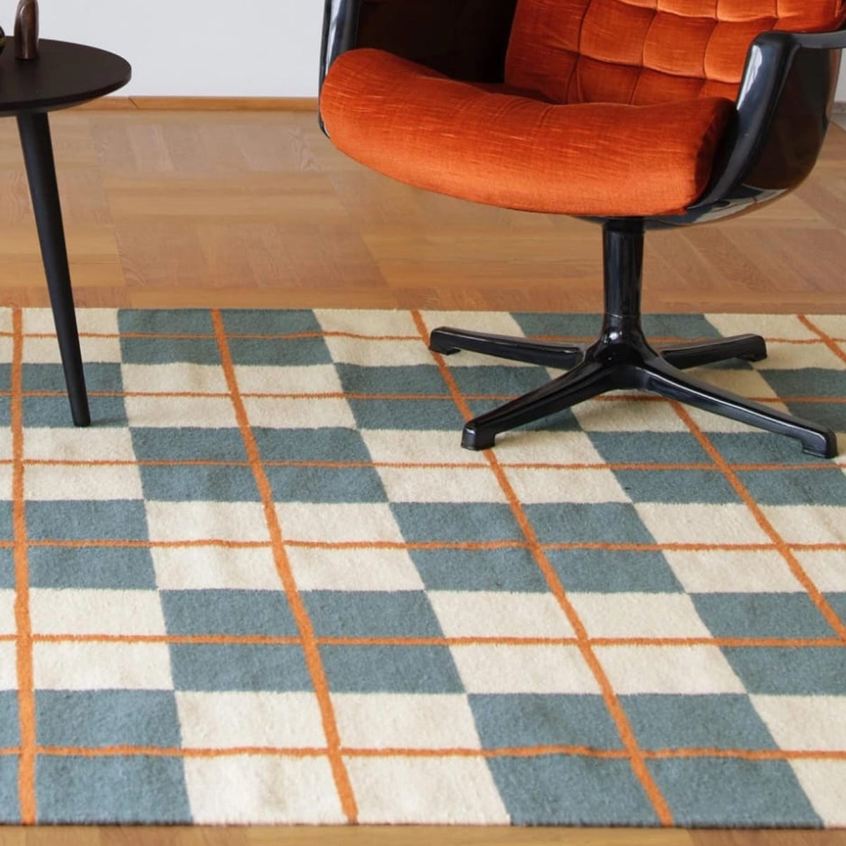 Teal Beige Rust Geometric Handwoven Scandinavian Design Wool Rug