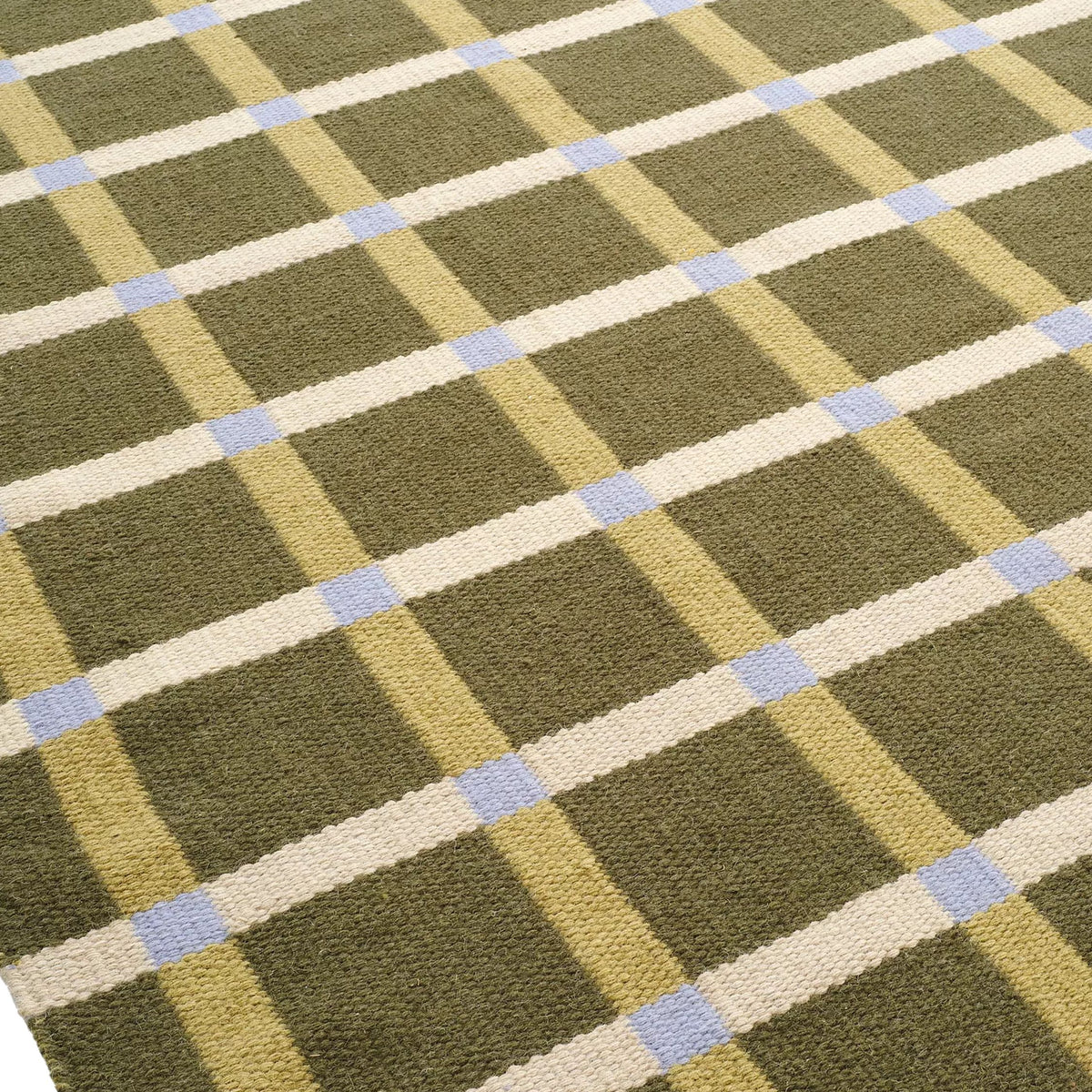 Handwoven Olive Beige Blue Chic Wool rug. Swedish Scandinavian Modern Minimalist Design