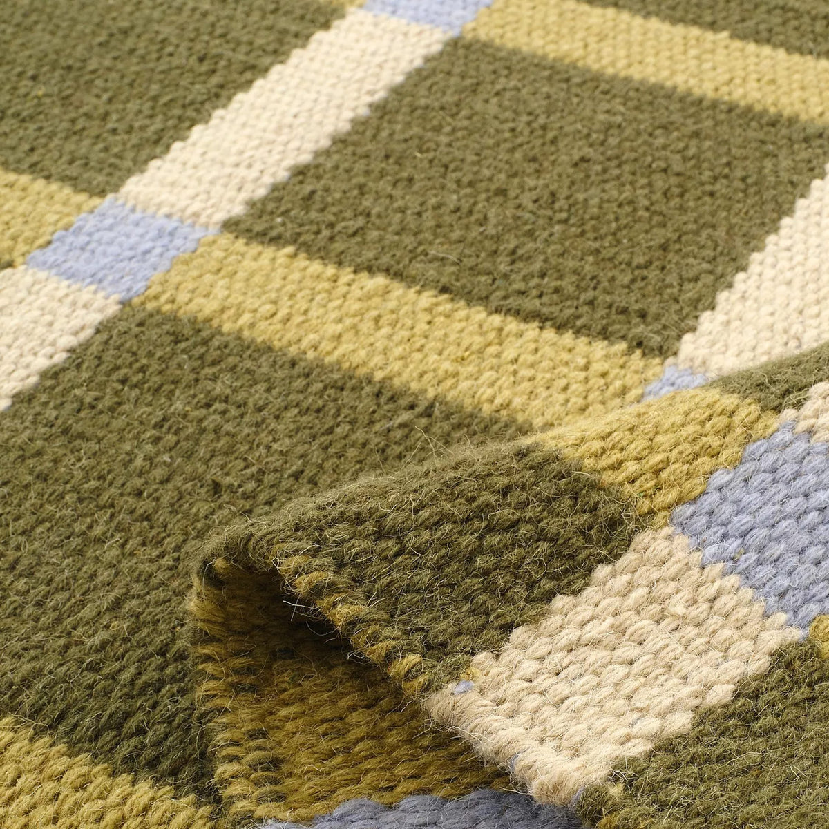 Handwoven Olive Beige Blue Chic Wool rug. Swedish Scandinavian Modern Minimalist Design