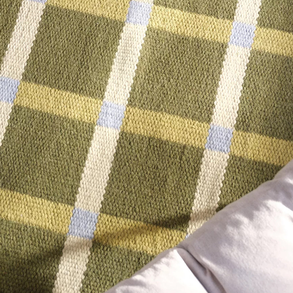 Handwoven Olive Beige Blue Chic Wool rug. Swedish Scandinavian Modern Minimalist Design