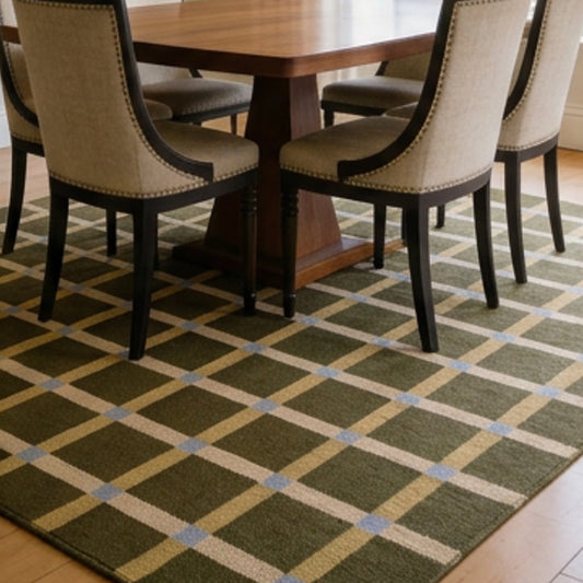 Handwoven Olive Beige Blue Chic Wool rug. Swedish Scandinavian Modern Minimalist Design