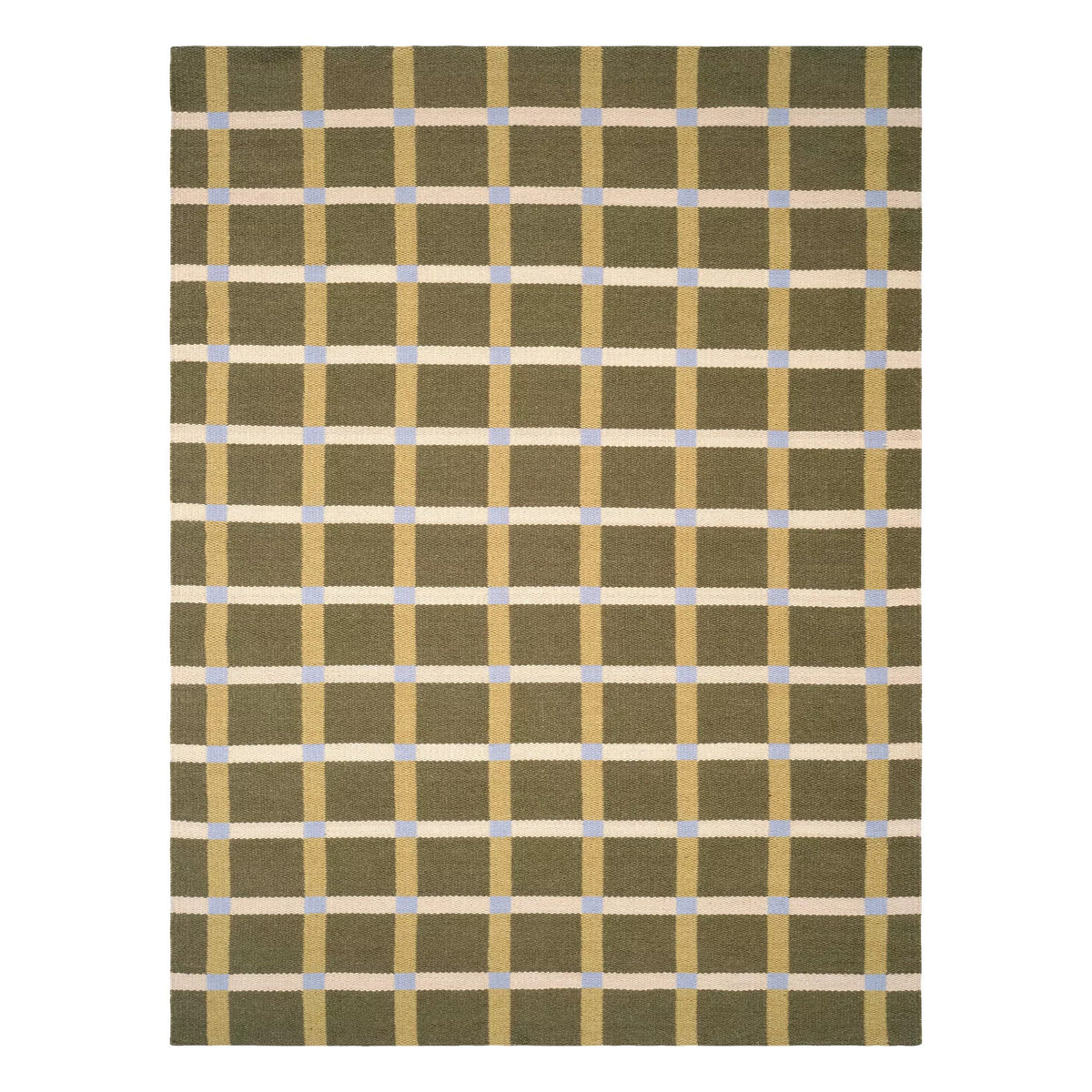 Handwoven Olive Beige Blue Chic Wool rug. Swedish Scandinavian Modern Minimalist Design