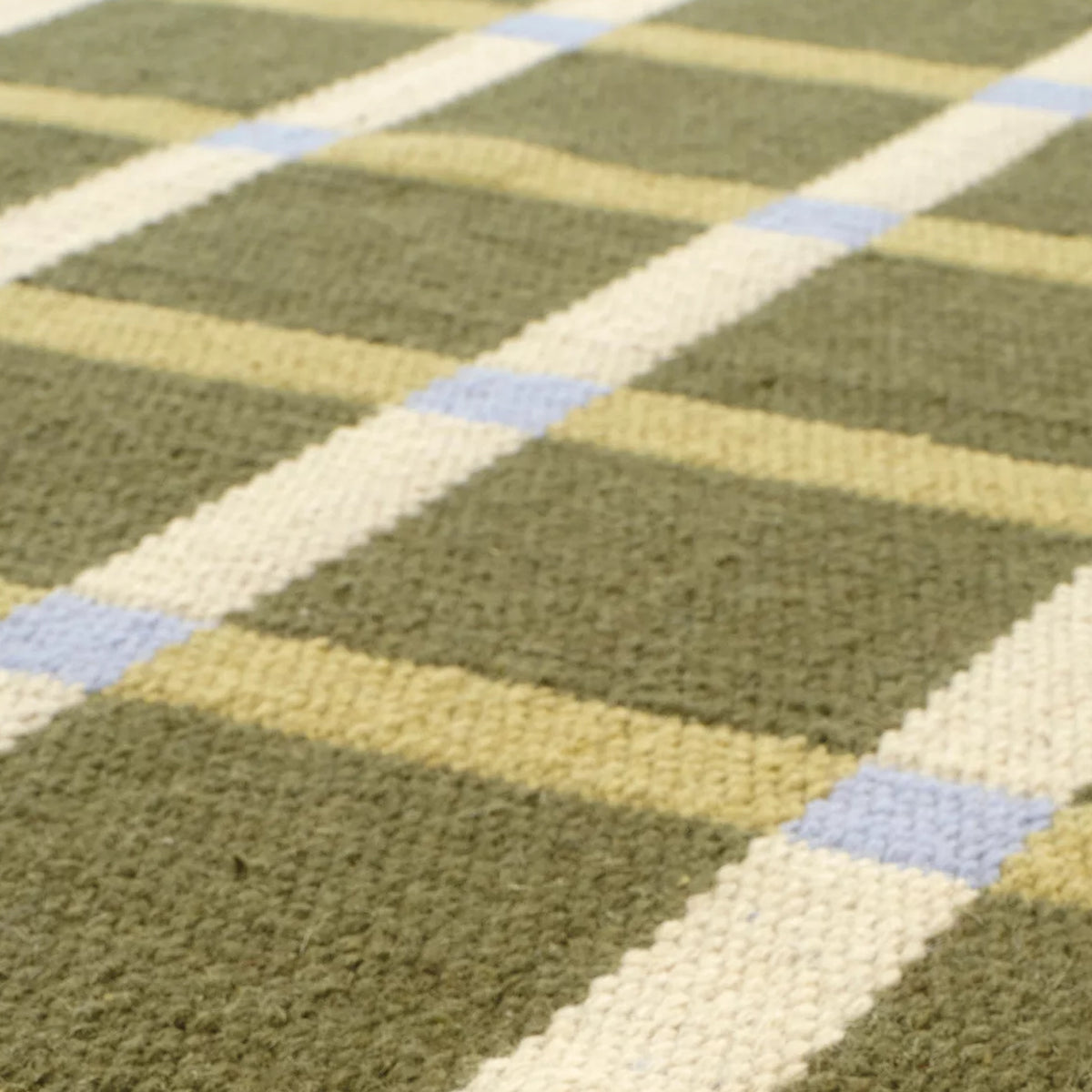 Handwoven Olive Beige Blue Chic Wool rug. Swedish Scandinavian Modern Minimalist Design