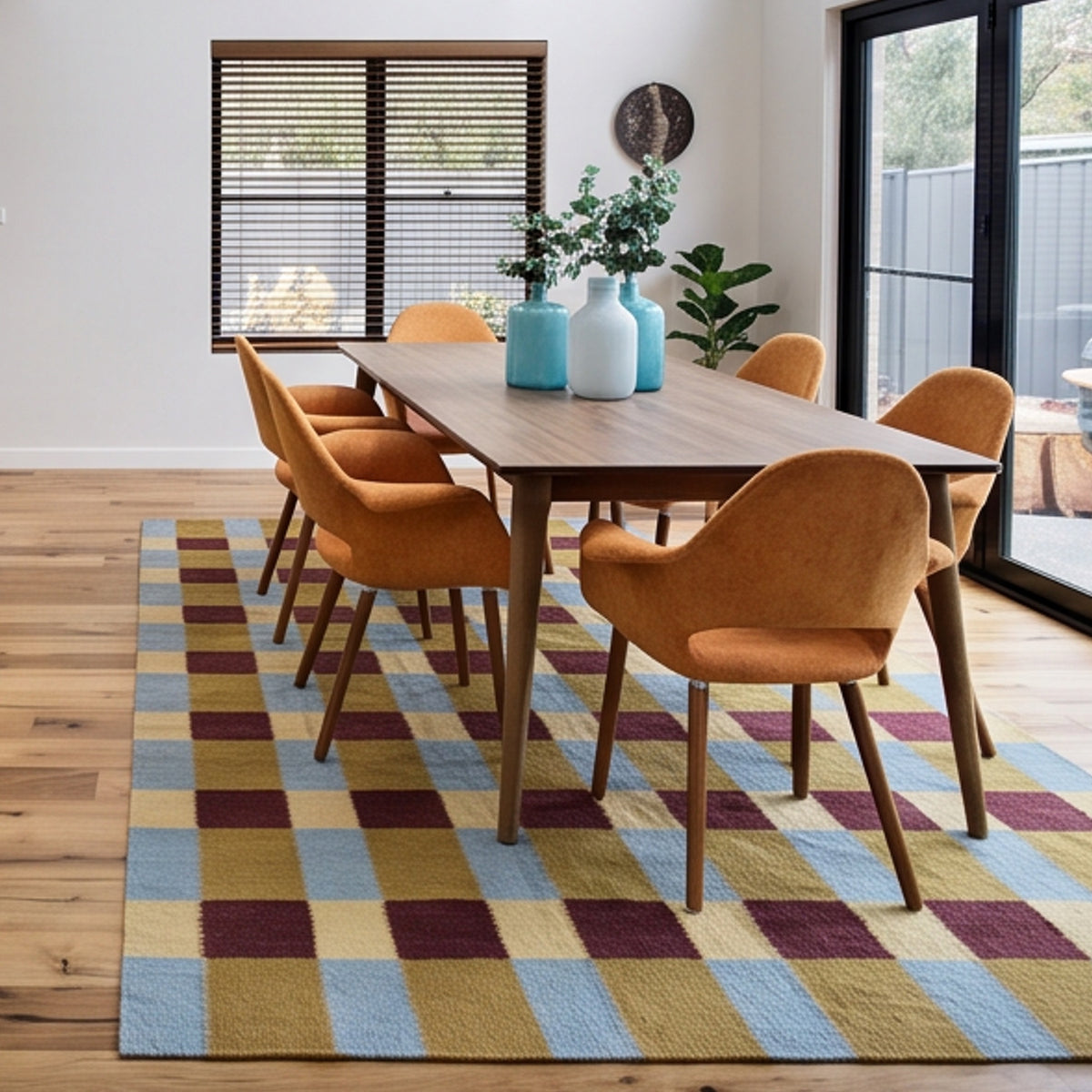 Tapis moderne géométrique pour salon, design scandinave, olive, rouille et rose
