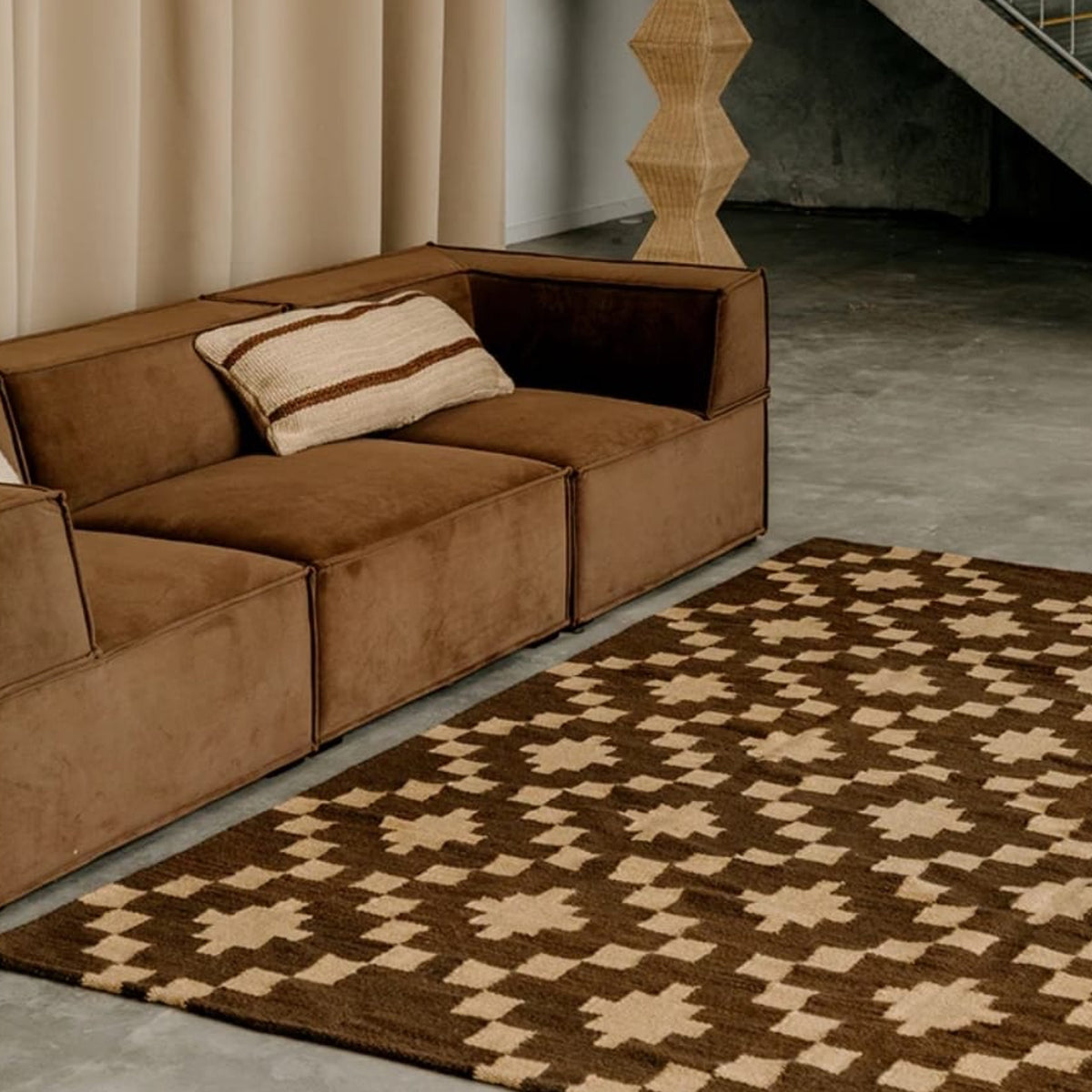 Tapis moderne géométrique pour salon, design scandinave, olive, rouille et rose