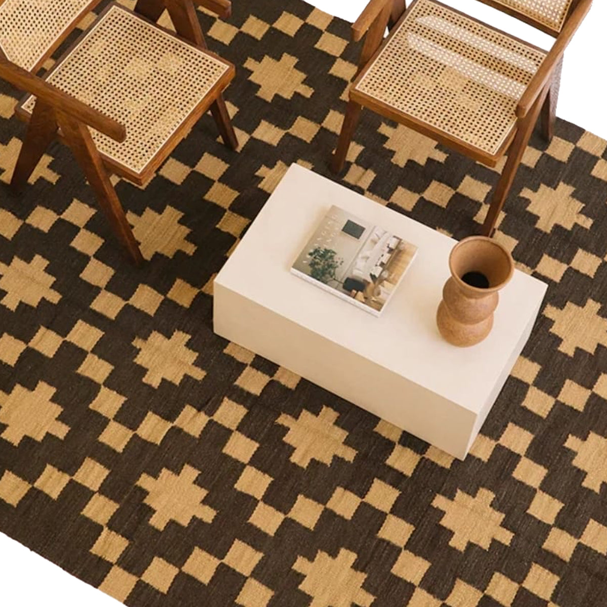 Tapis moderne géométrique pour salon, design scandinave, olive, rouille et rose