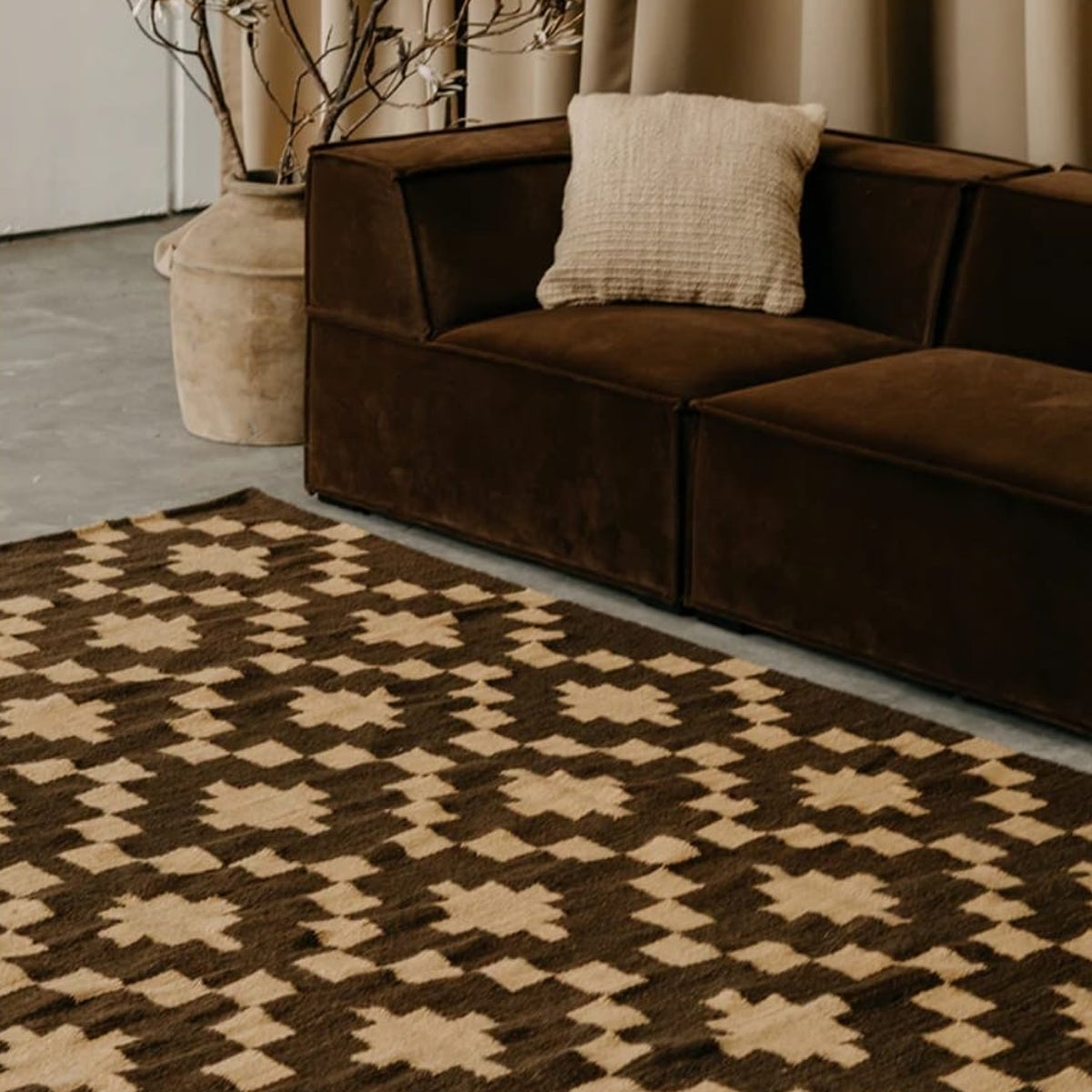 Tapis moderne géométrique pour salon, design scandinave, olive, rouille et rose